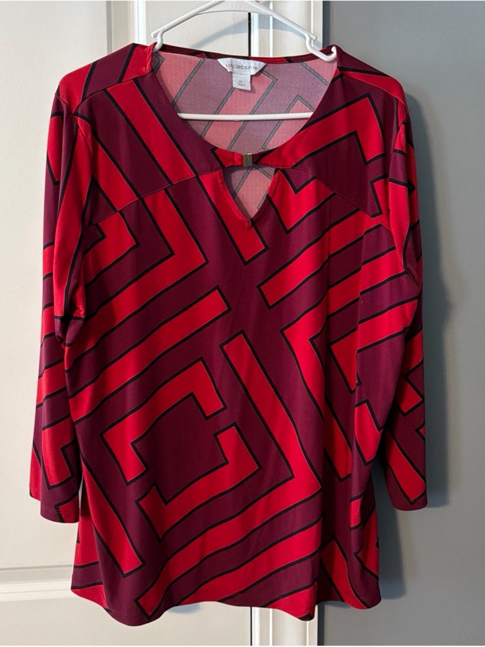 Nic+Zoe Red Geometric Print Long-Sleeve Top
